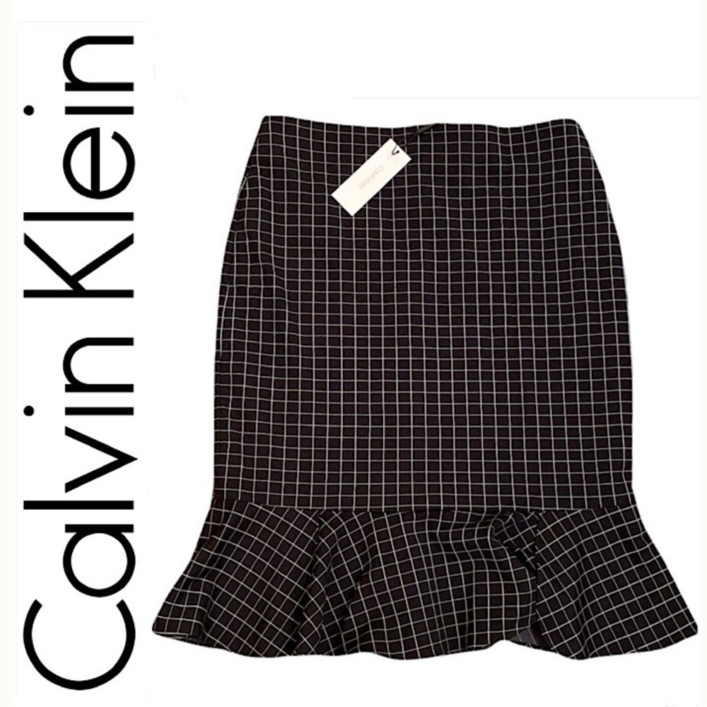Calvin Klein Black Grid Ruffle Hem Skirt